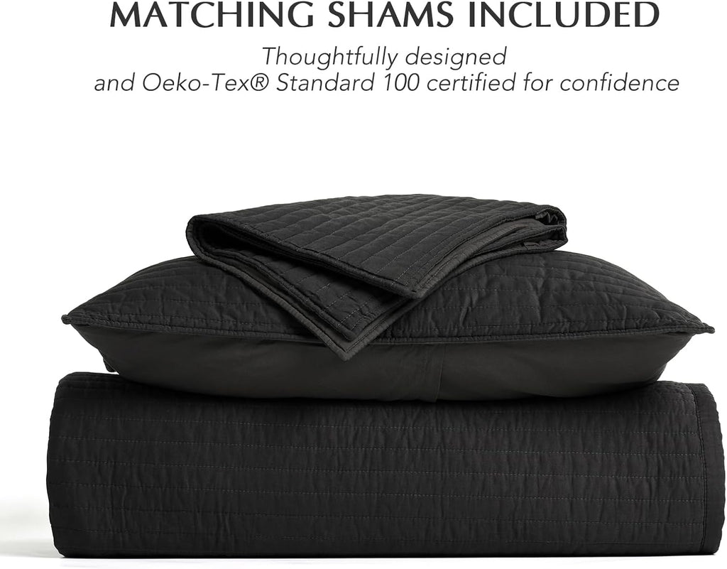 EVERGRACEHOME Cotton Sateen Quilt Set King Size, Pre-Washed Cotton Channel Stitch Coverlet Bedspread, 3 Pieces Lightweight Soft Bedding Sets for All Season, with 2 Pillow Shams, Washed Black