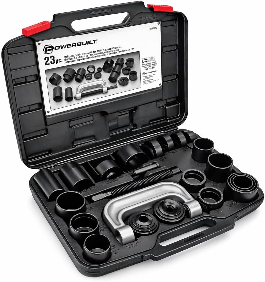 Powerbuilt Ball and U Joint Service Set, 23 Piece Tool Kit, Remove and Install Ball Joints, Receiving Tube, Adapters, Sockets - 648617