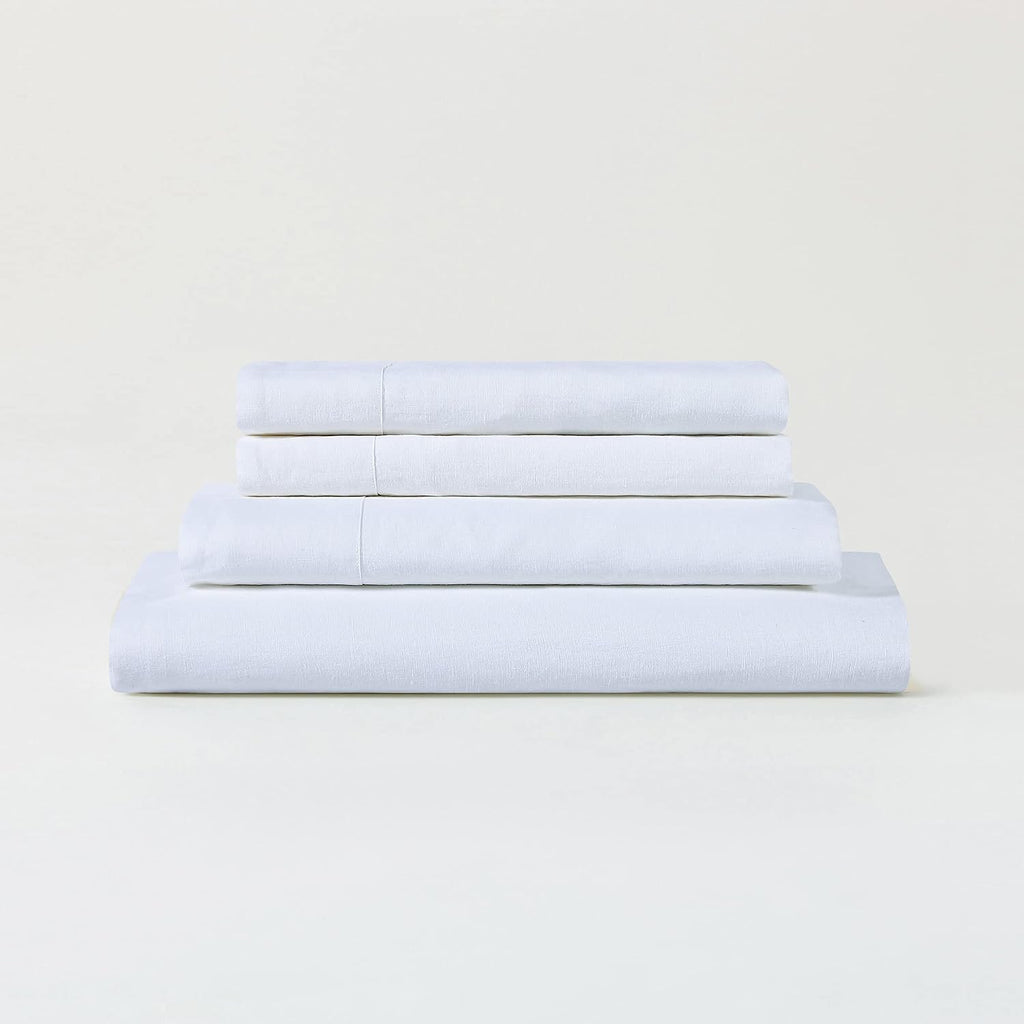 Sijo Stone Washed Organic French Linen Bed Sheet Set, GOTS Certified Organic, Best Cooling Linen Sheet Award by Sleep Foundation, 1 Flat Sheet Only (Snow, King/Cal King)