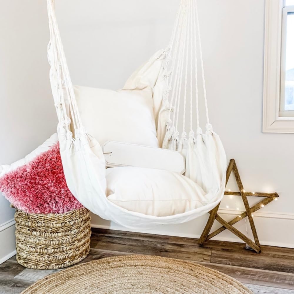 Cozy Indoor Hammock Swing Chair - 58' x 44' Hanging Chair for Bedroom, Perfect for Reading & Relaxation, Brown Wood Spreader, Stylish & Comfortable Home Decor