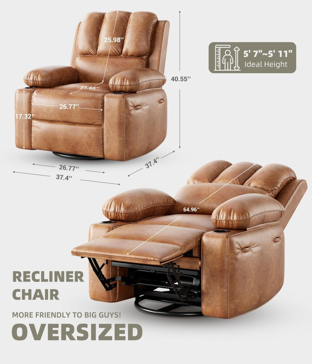 GarveeHome Oversized 27' Power Recliner Chair with Heat and Massage - 360° Swivel Faux Leather Rocking Chair for Adults with Cup Holder for Living Rooms, Bedrooms, Nurseries - Coffee
