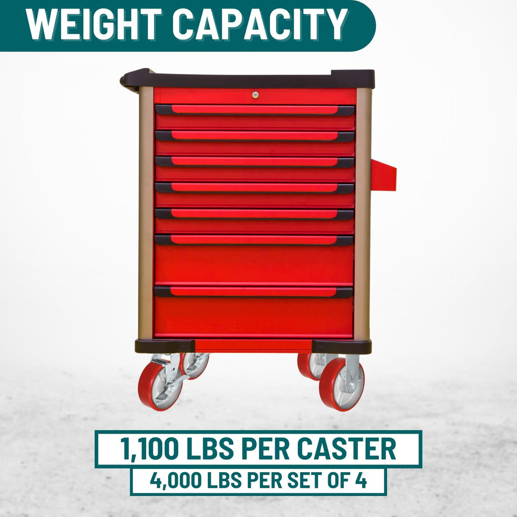 5' X 2' Swivel Caster Heavy Duty Red Polyurethane Wheel on Steel Hub with Brakes (2) and Fixed (2) 4,000lbs Per Set of 4 Tool Box Casters - CasterHQ Brand (5')