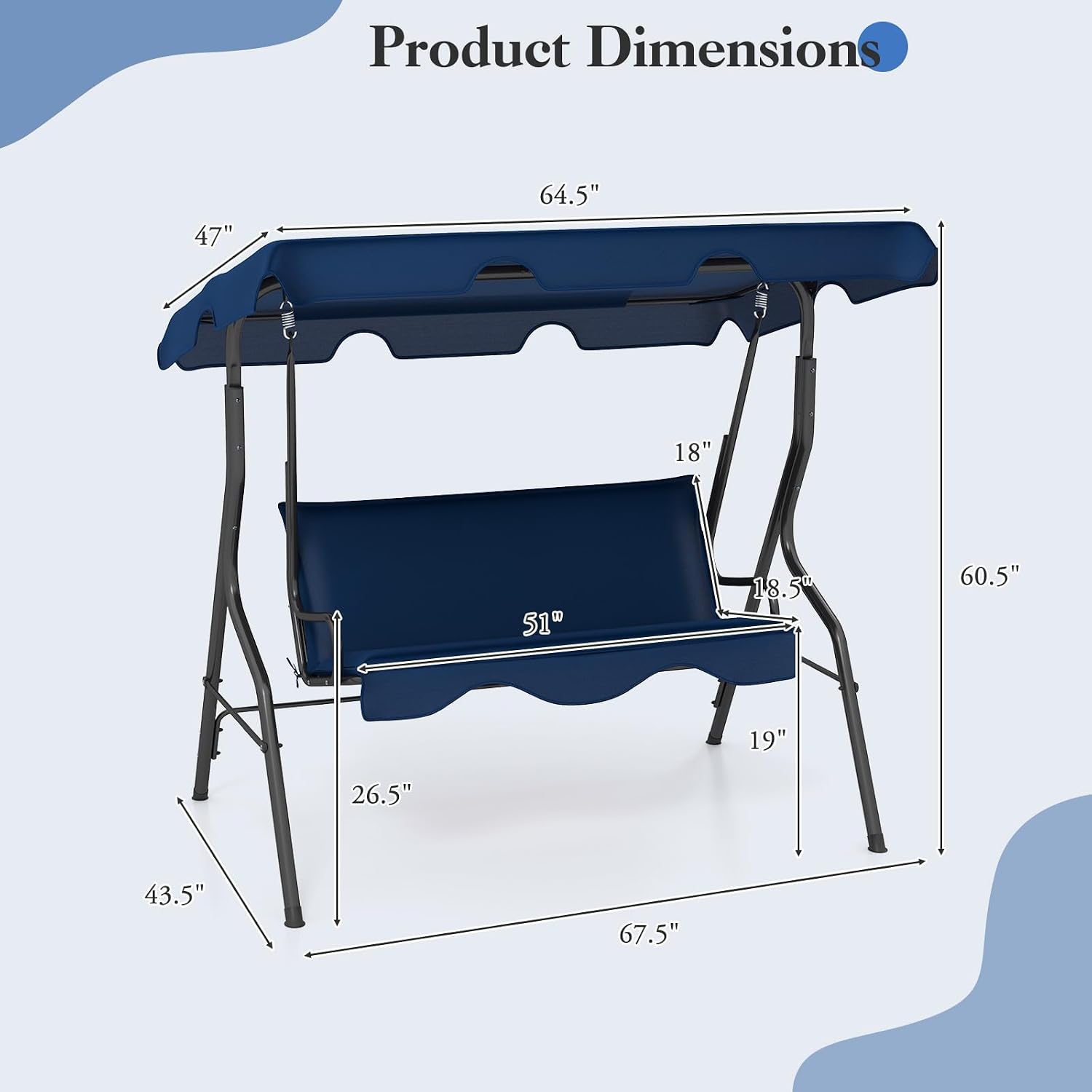DREAMADE Porch Swing Outdoor, 3 Person Patio Swing w/Removable Cushion, Stand & Adjustable Canopy, Heavy Duty Swing Chair for Patio, Garden, Courtyard, Poolside
