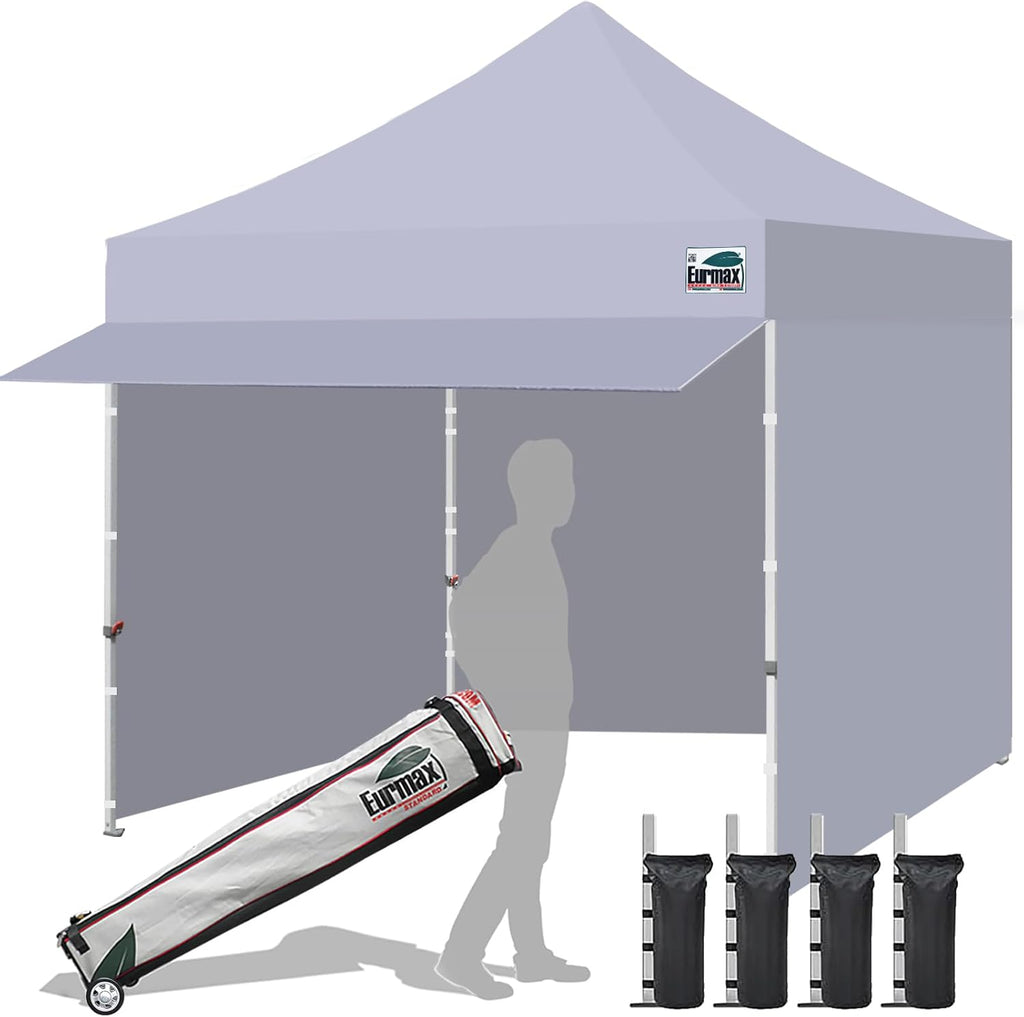 Eurmax USA 10x10 Pop Up Canopy,Commercial Tent with Patented No-Tip Rolling Bag,24sqft Extension Awning & 4 Zippered Removable Walls,UV & Water Resistant,Heavy Duty Instant Shelter Gazebo,Grey