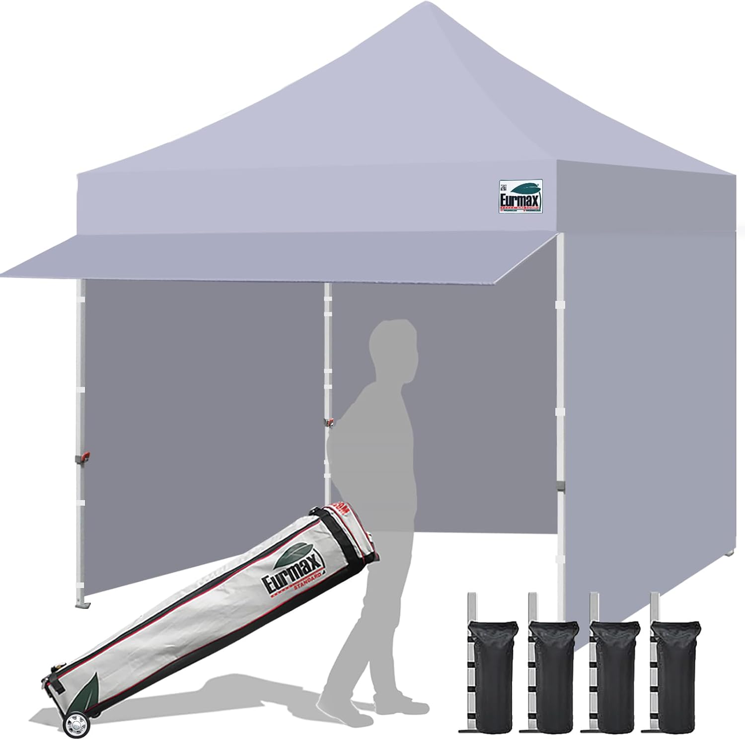 Eurmax USA 10x10 Pop Up Canopy,Commercial Tent with Patented No-Tip Rolling Bag,24sqft Extension Awning & 4 Zippered Removable Walls,UV & Water Resistant,Heavy Duty Instant Shelter Gazebo,Grey