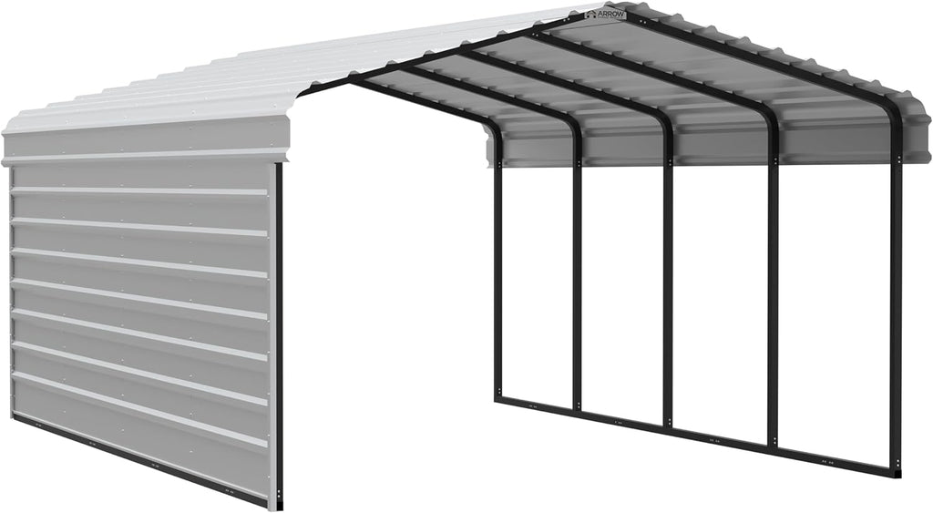 Arrow Carports Galvanized Steel Carport, with 1-Sided Enclosure, Compact Car Metal Carport Kit, 12' x 20' x 7', Eggshell