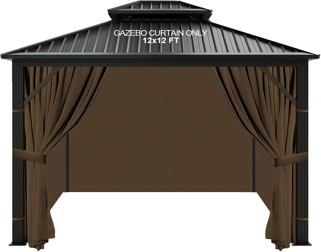 slashome 12'x12' Gazebo Curtains Outdoor Waterproof, Brown Universal Replacement Curtain 4-Panels, Sidewalls with Zipper for Garden, Patio, Yard (Only Curtains)