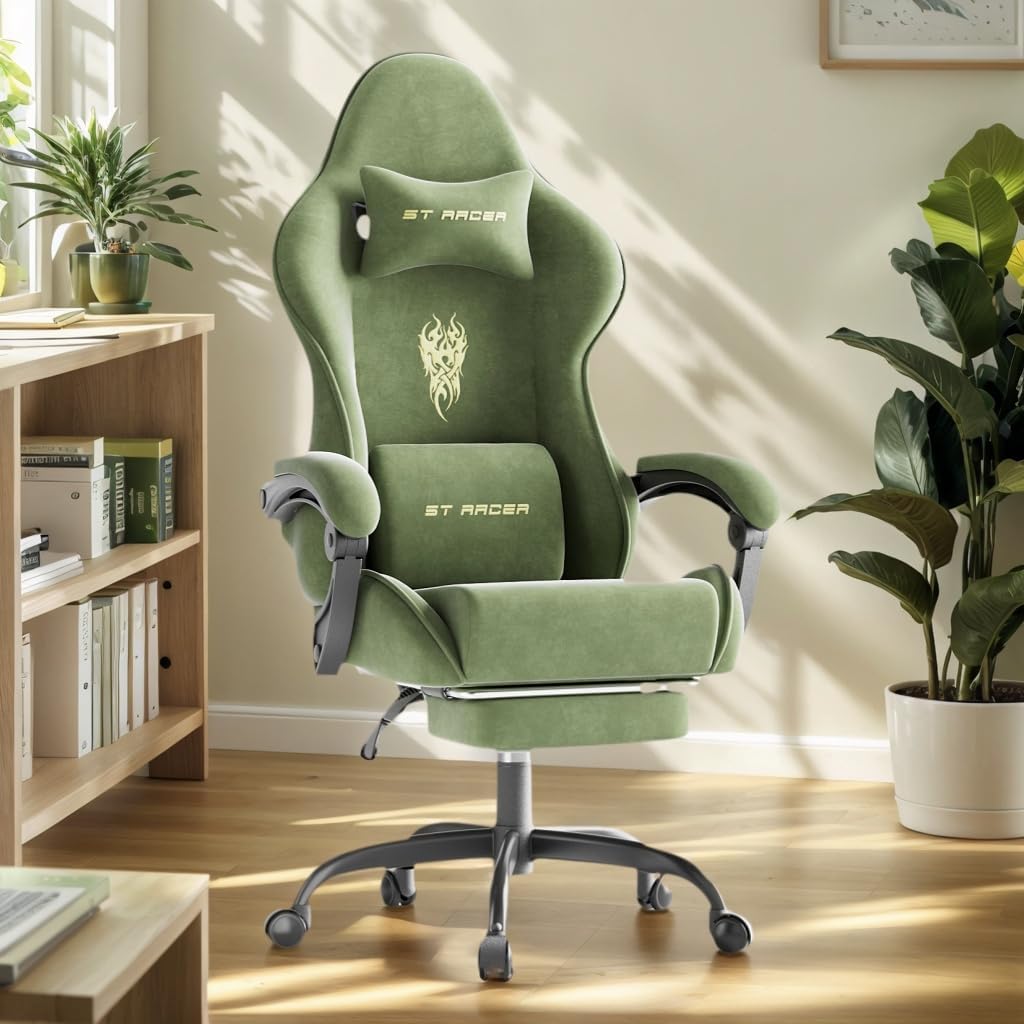 Soontrans Ergonomic Velvet Fabric Gaming Chair with Footrest, Comfortable Video Gamer Chair for Adult, Reclining Office Computer Desk Game Chairs with Massage Lumbar Cushion,Headrest