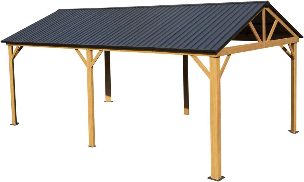 12x20ft Hardtop Gazebo, Galvanized Steel Gable Roof Gazebo Pergola with Wood Grain Aluminum Frame, Outdoor Permanent Gazebo Pavilion for Patio, Garden (Yellow Brown)