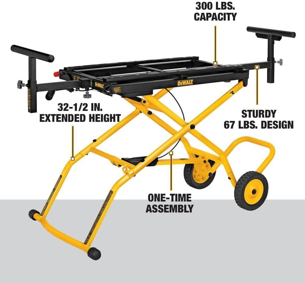 DEWALT Miter Saw Stand With Wheels, 32-1/2 in. x 60 in Foldable Rollling Stand, Adjustable Height, Durable Steel, 8 ft. Material Support, Universal Mounting Rails (DWX726)