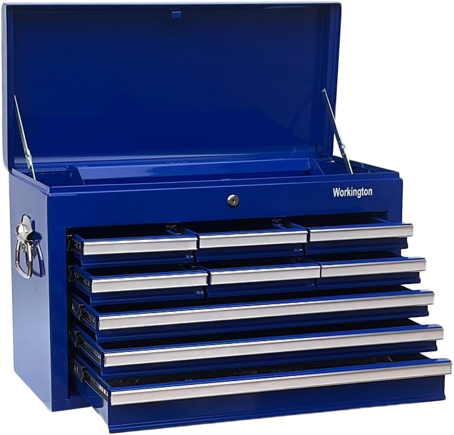Workington Professional Industrial Portable Metal Tool Chest with 9 Drawers, 26' 9-Drawer Tool Chest Cabinet with Ball Bearing Drawer Slides, Steel Tool Storage Box Organizer 4016 Blue
