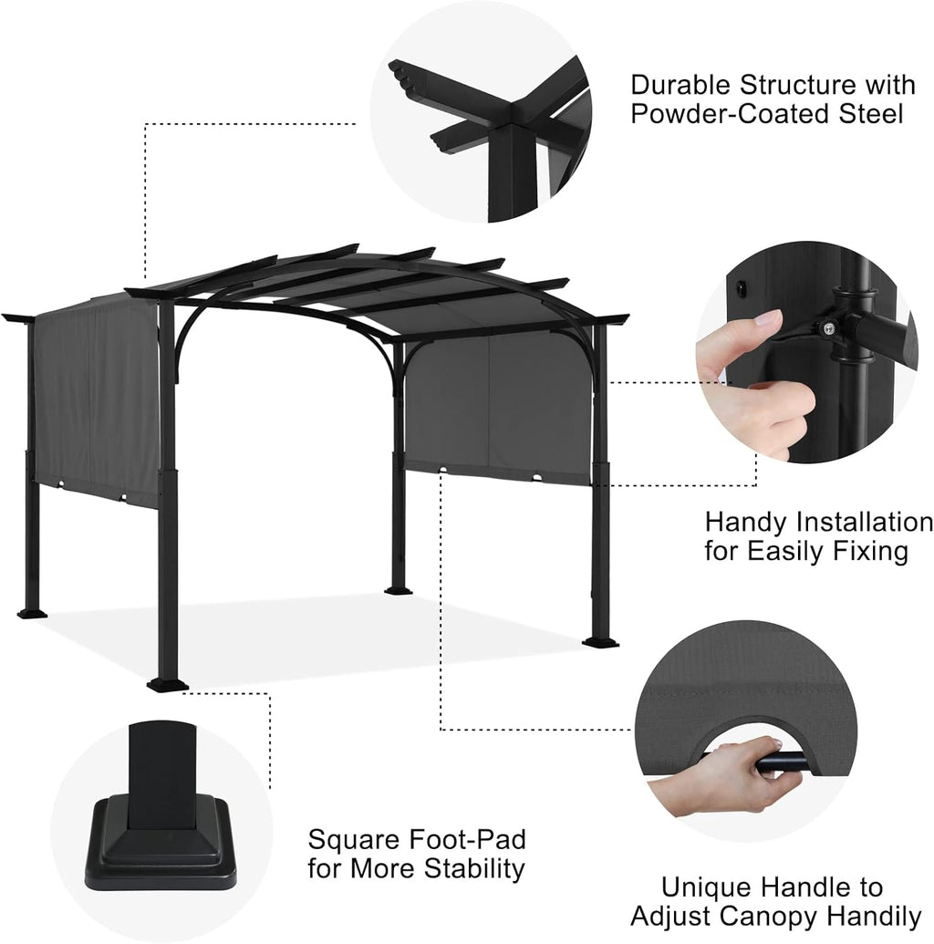 ABCCANOPY Outdoor Pergola 10'x10', Arched Patio Pergola with Retractable Sun Shade, Dark Gray