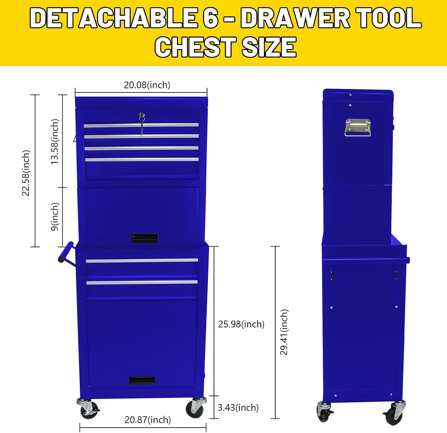 Rolling Tool Chest with 6 Drawers, Lockable Steel Tool Cabinet on Wheels with Detachable Top Box, Garage Workshop Storage Organizer, 2-in-1 Tool Box