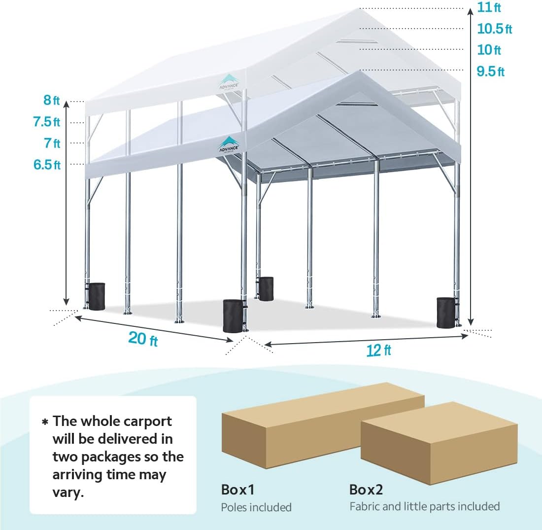 ADVANCE OUTDOOR 12x20 ft Canopy Garage Heavy Duty Carport Car Boat Shelter Party Tent, Adjustable Peak Height from 9.5ft to 11ft, White
