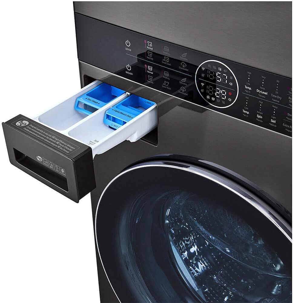 LG WashTower Stacked Smart Laundry Center 4.5 Cu.Ft. Front Load Washer & 7.4 Cu.Ft. Electric Dryer in Black Steel w/Steam WKEX200HBA