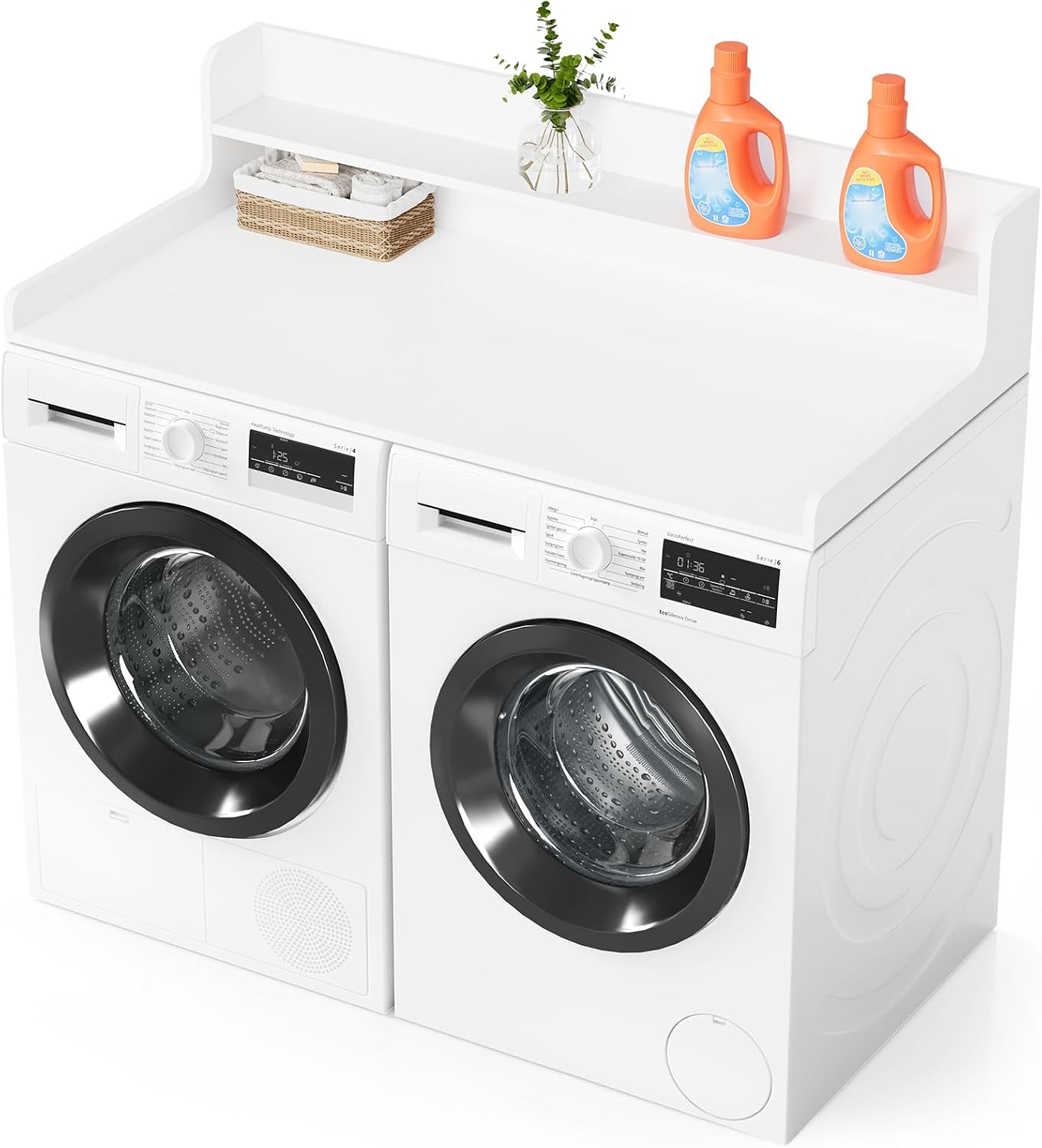 SpaceAid Washer Dryer Countertop with 2-Tier Shelf, Wood Topper with Edge, 54' Width x 27.5' Depth Cover Organizer Guard for Washer and Dryer Counter Laundry Hamper Storage (White)