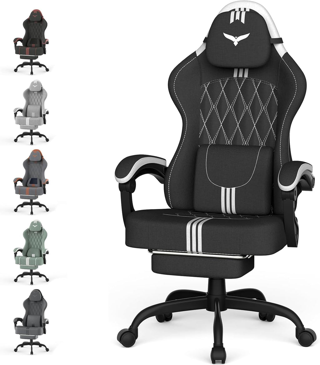 Ferghana Cotton Fabric Gaming Chair with Wider Seat Cushion, Diamond Double-Stitching Ergonomic High Back Game Chair with Footrest, Computer Chair with Massage Lumbar Support for Adult, Black/White