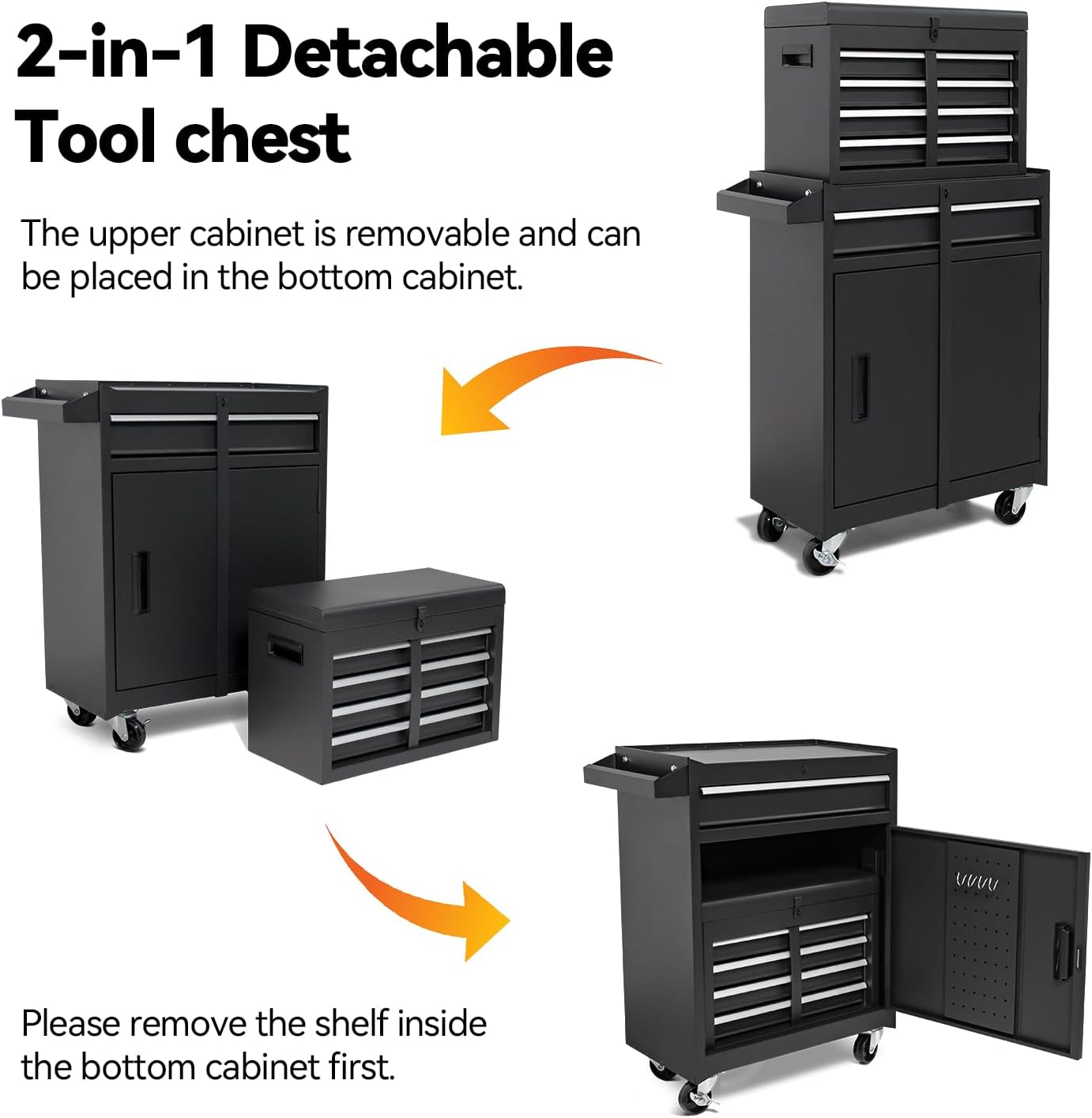 5-Drawer Rolling Tool Chest with Detachable Top Box - Heavy Duty Metal Tool Cabinet on Wheels for Garage, Workshop & Industrial Use, Black (Enhanced Packaging)