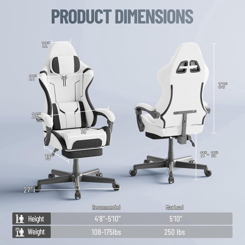 Ferghana Gaming Chair, Cloth Fabric Ergonomic Computer Chair with Massage Lumbar Support, High Back Office Game Chair with Footrest and Linkage Armrest for Adult, White/Black