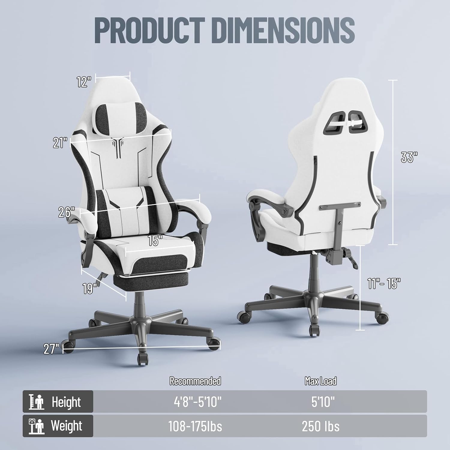 Ferghana Gaming Chair, Cloth Fabric Ergonomic Computer Chair with Massage Lumbar Support, High Back Office Game Chair with Footrest and Linkage Armrest for Adult, White/Black