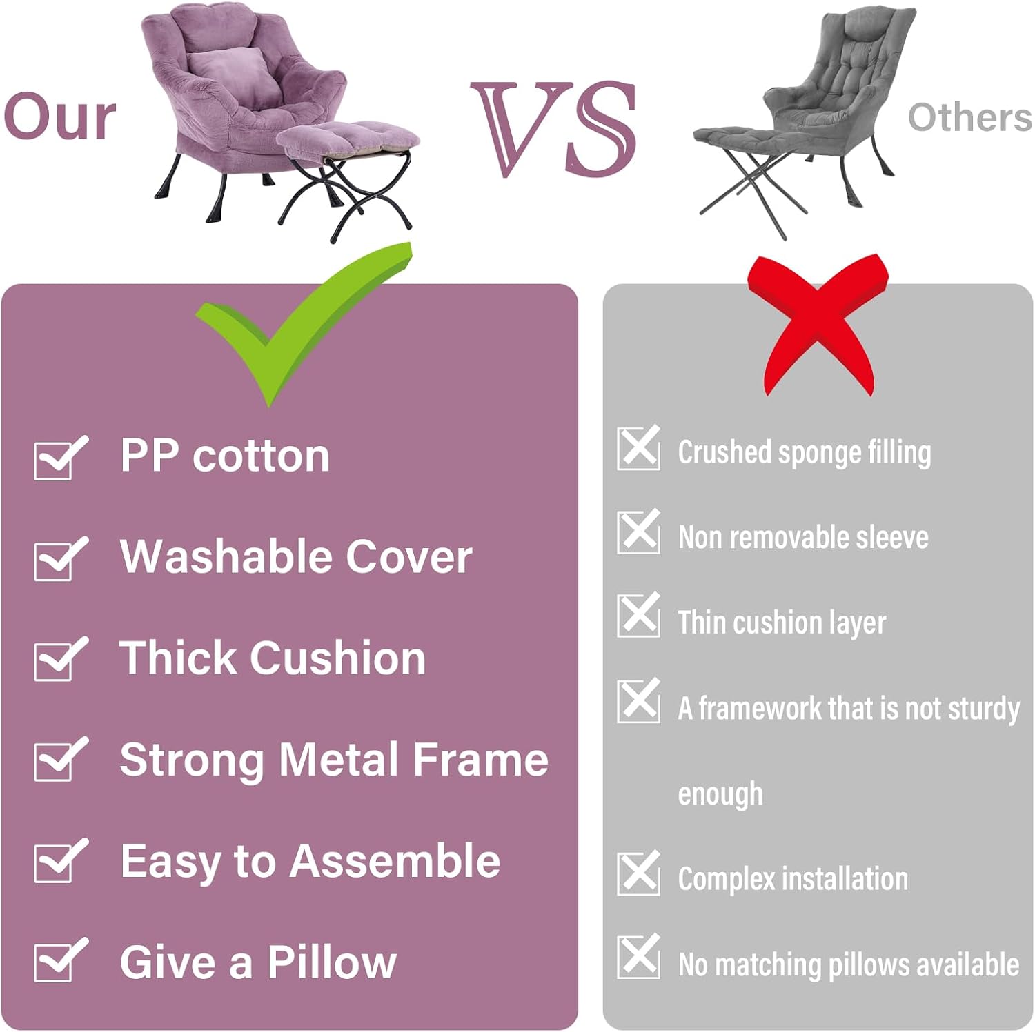 Lazy Chair with Ottoman, Reading Chair with a Pillow, Leisure Sofa Armchair with Ottoman, Large Accent Chair for Bedroom, Living Room, Dorm Room, Plush Purple