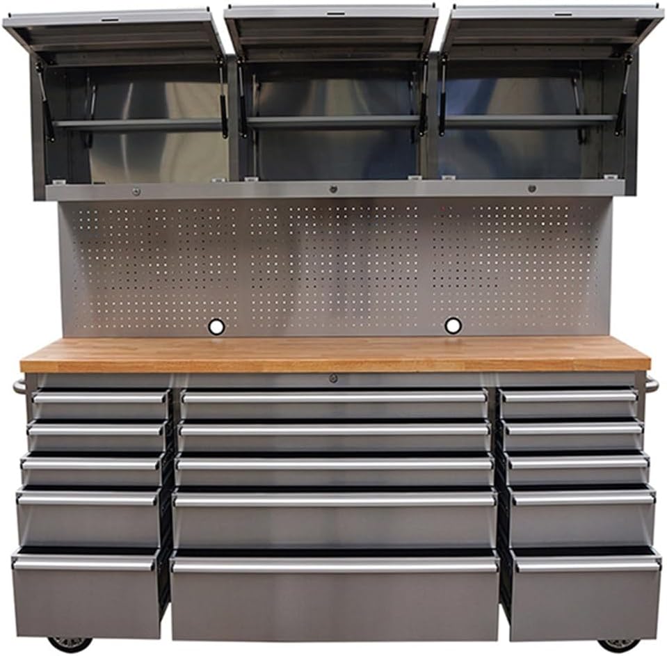 AnorTrek 72 inch 15 Drawers Tool Chest with 3 Up Cabinet & Pegboard in Stainless Steel (Stainless Steel)
