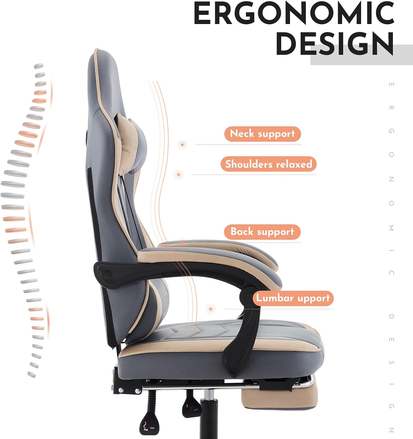 Gaming Chair with Massage and Footrest, Ergonomic High Back PC Racing Chair, 300LBS Capacity with Adjustable Lumbar Support & Headrest for Office and Desk (Model E, Beige+Blue)