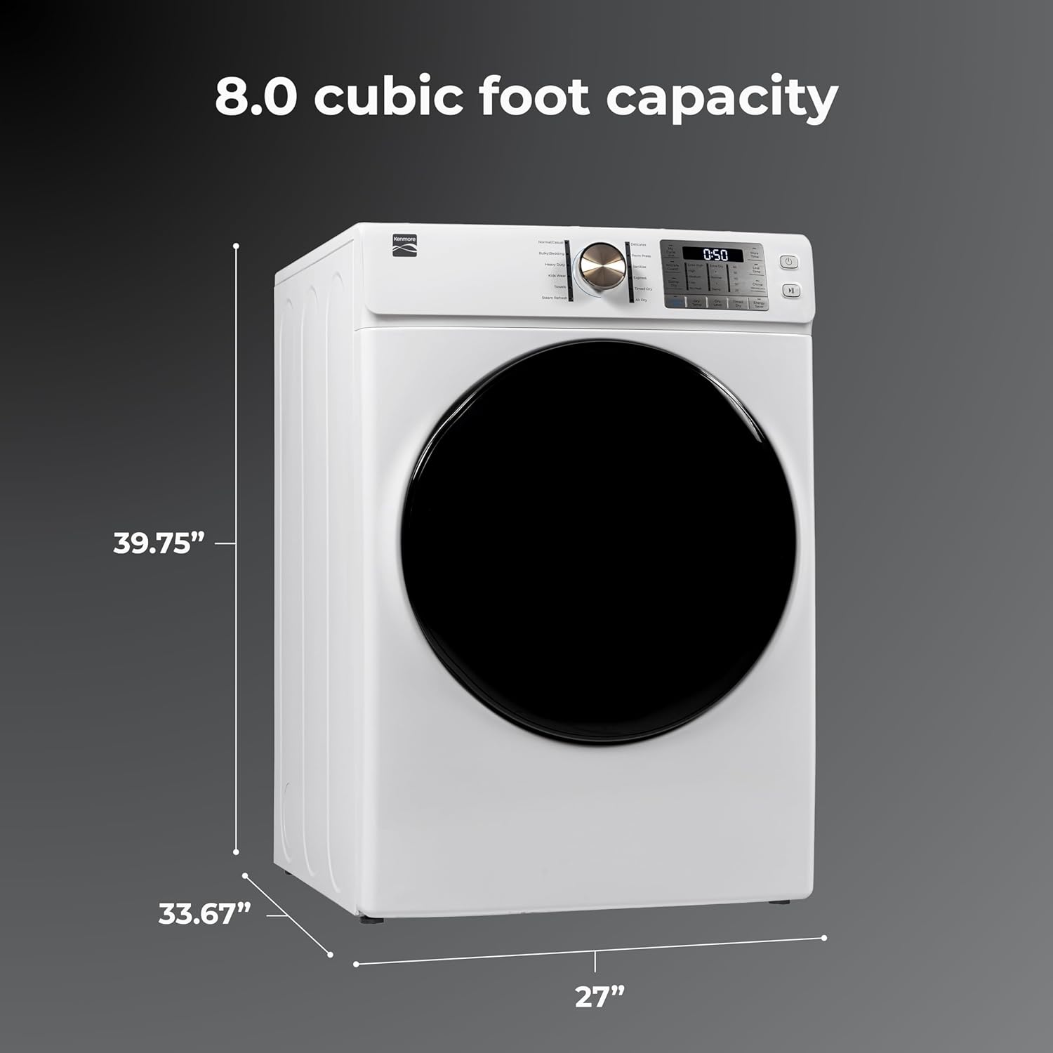 Kenmore 8.0 cu. ft. Front Load Electric Dryer with Wrinkle Guard & Accela Steam to Reduce Wrinkles, Static & Odors - Smart Sensor Drying - LED - ENERGY STAR Certified - White