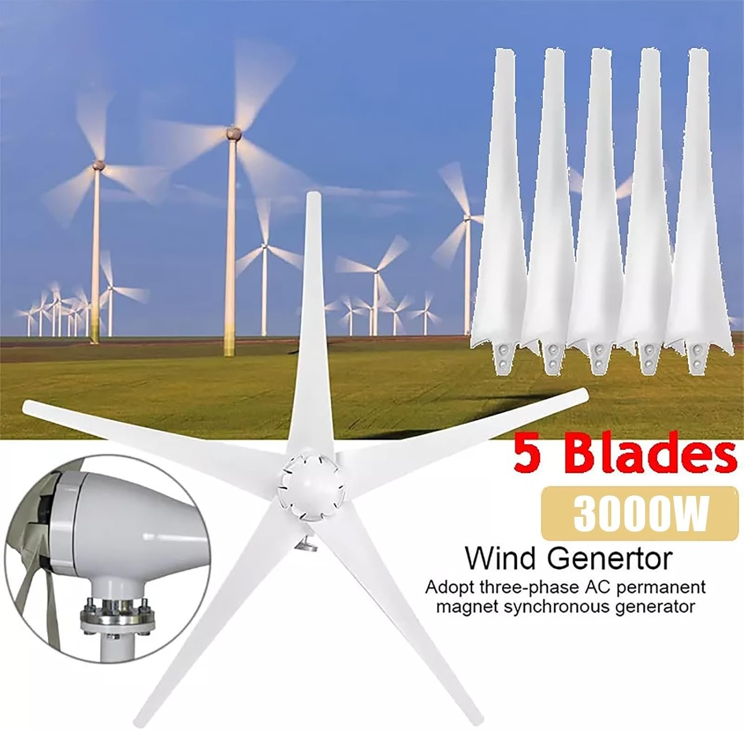 3000W Wind Turbine Generator Kit 12V/24V/48V 5-Blade Wind Generator With MPPT Controller And 200W Solar Panel For Home Use Street Lighting Off-Grid Renewable Energy(12V)