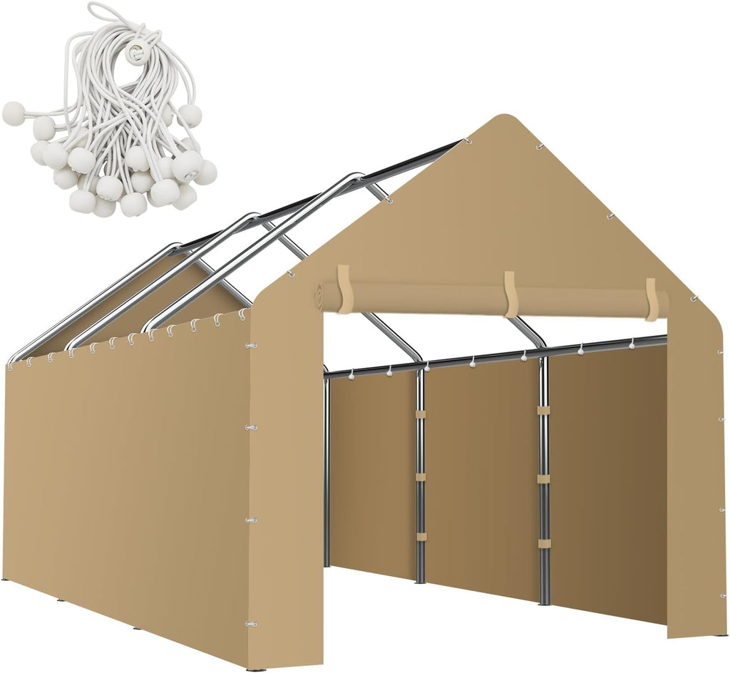 Carport Canopy Sidewalls for 10'x20'x9.35' Carport with Ball Bungee Cords, Replacement Covers Canopy Walls for Car Tent Garage(Sidewalls Only) (Khaki)