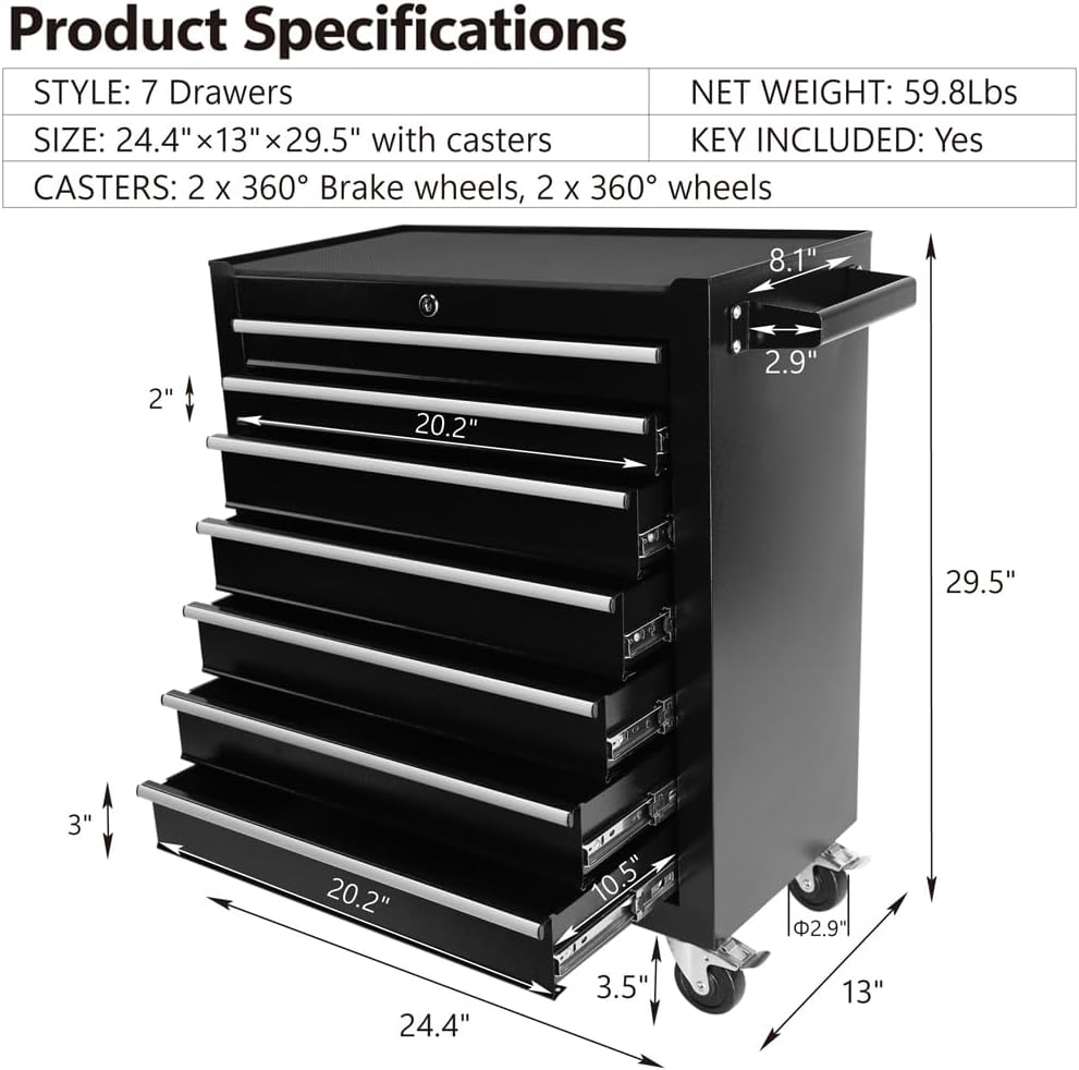 7 Drawer Rolling Tool Cart, Rolling Tool Box on Wheels, Lockable Home Repair Tool Storage Organizer, Tool Chest Cabinet for Mechanic Garage, Workshop, Home Crafts Use (Black, 7 Drawer)