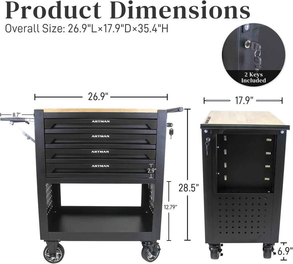 Rolling Tool Cart with 4-Drawer Wood Top Utility Tool Chest on Wheels Mechanic Tool Storage Organizer Cabinet for Garage, Warehouse, Workshop, Repair Shop (Black)