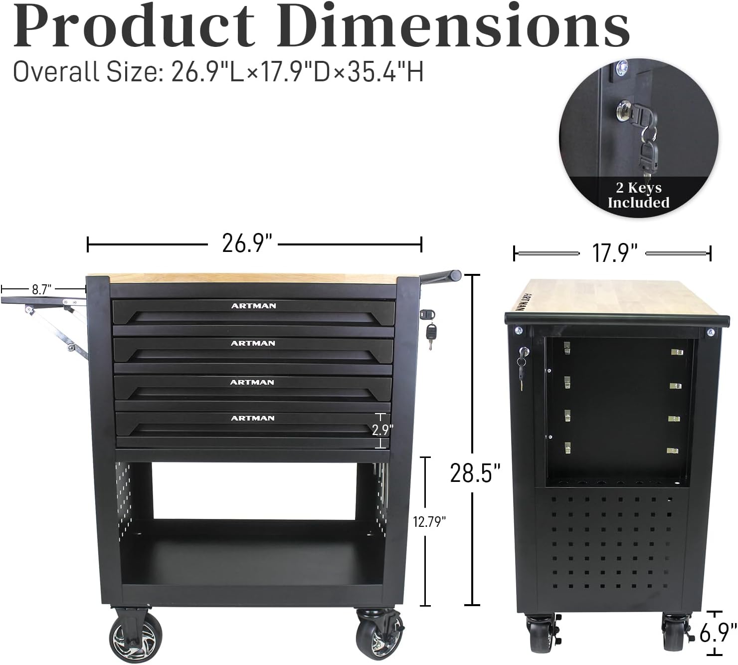 Rolling Tool Cart with 4-Drawer Wood Top Utility Tool Chest on Wheels Mechanic Tool Storage Organizer Cabinet for Garage, Warehouse, Workshop, Repair Shop (Black)