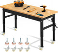 60'' Adjustable Workbench, 2000 LBS Load Capacity Heavy Duty Workstation with Power Outlets, Rubber Wood Top Worktable for Garage, Office,Workshop, Commercial