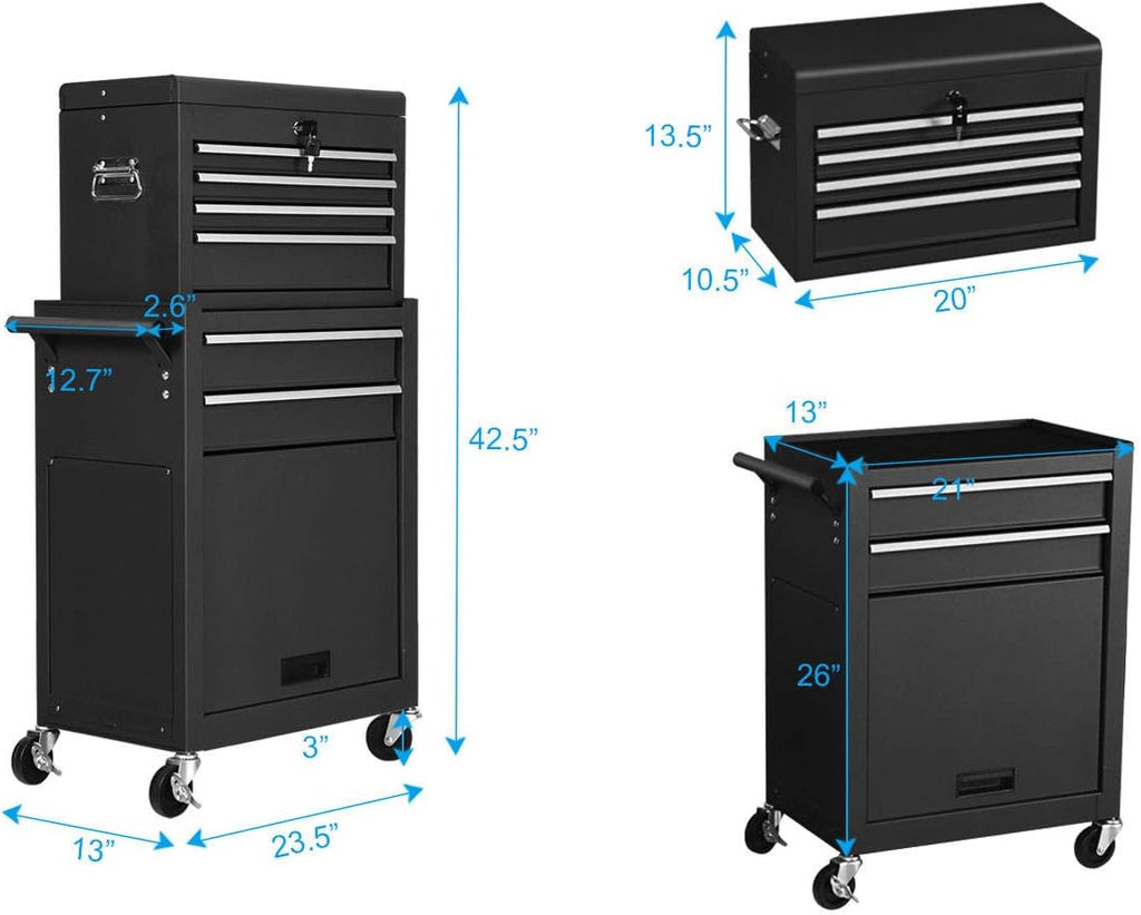 COSTWAYUS Tool Chest COSTWAY 2-in-1-Rolling-Cabinet-Storage-Chest-Box-Garage-Toolbox-Organizer-w-6-Drawers, Black