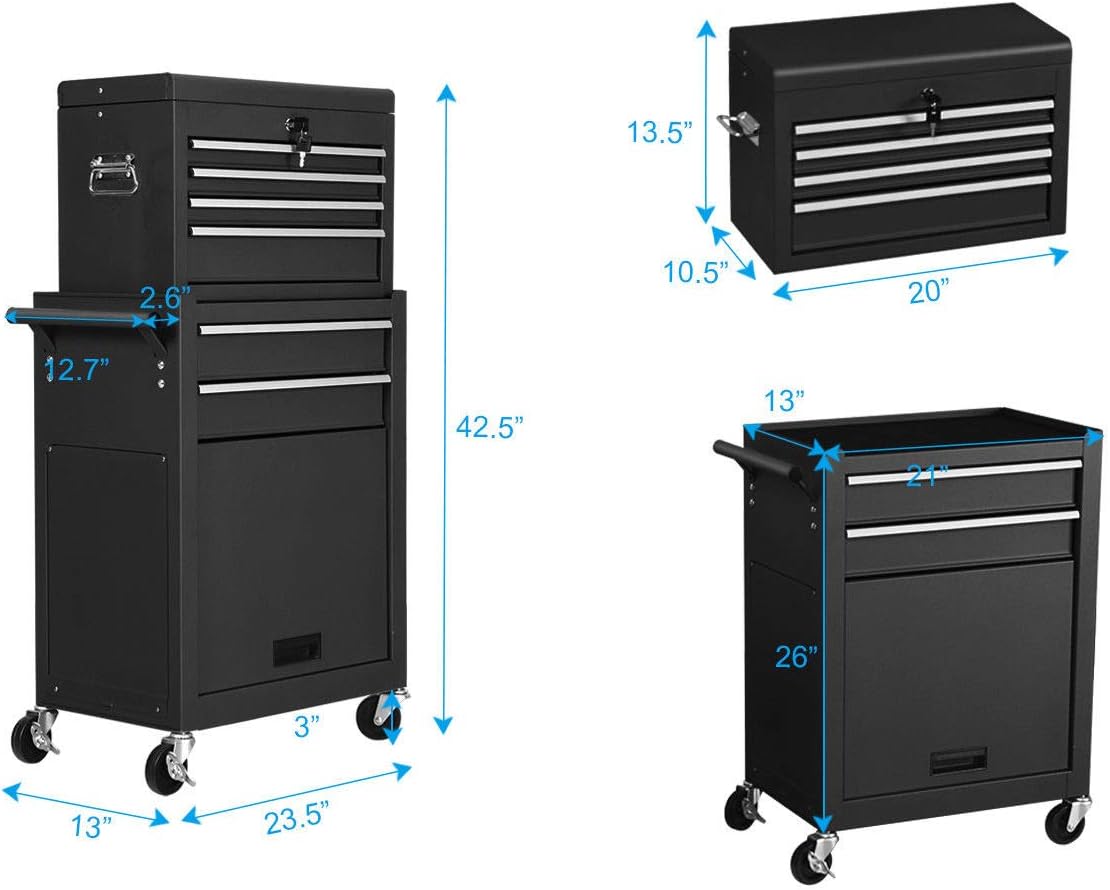 COSTWAYUS Tool Chest COSTWAY 2-in-1-Rolling-Cabinet-Storage-Chest-Box-Garage-Toolbox-Organizer-w-6-Drawers, Black