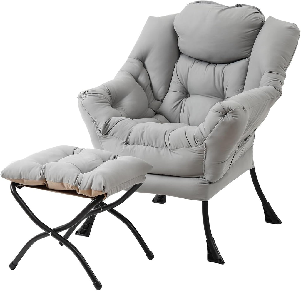 Welnow Lazy Chair with Ottoman, Modern Accent Chair with Armrests and a Side Pocket, Leisure Sofa Armchair Set, Reading Armchair with Footrest for Small Space, Light Grey