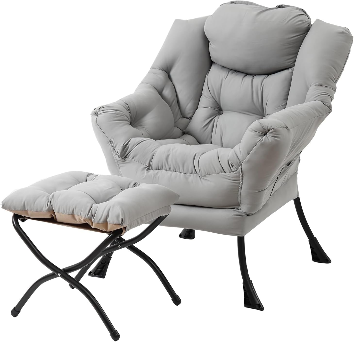 Welnow Lazy Chair with Ottoman, Modern Accent Chair with Armrests and a Side Pocket, Leisure Sofa Armchair Set, Reading Armchair with Footrest for Small Space, Light Grey
