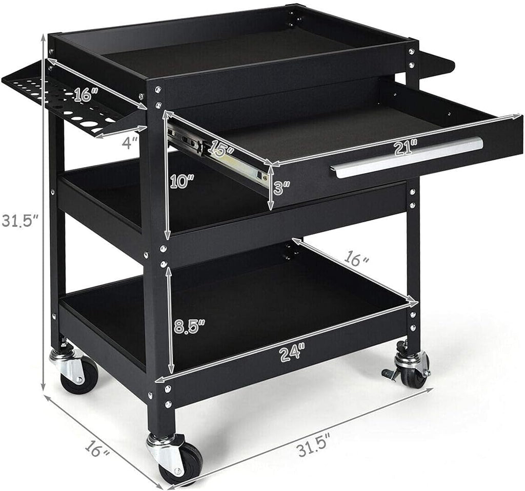 3 Tier Tool Cart on Wheels, Heavy Duty Industrial Utility Service Cart with Drawer, Rolling Mechanic Tool Box Organizer for Garage Warehouse Workshop Repair Shop, 330 LBS Capacity (Black)