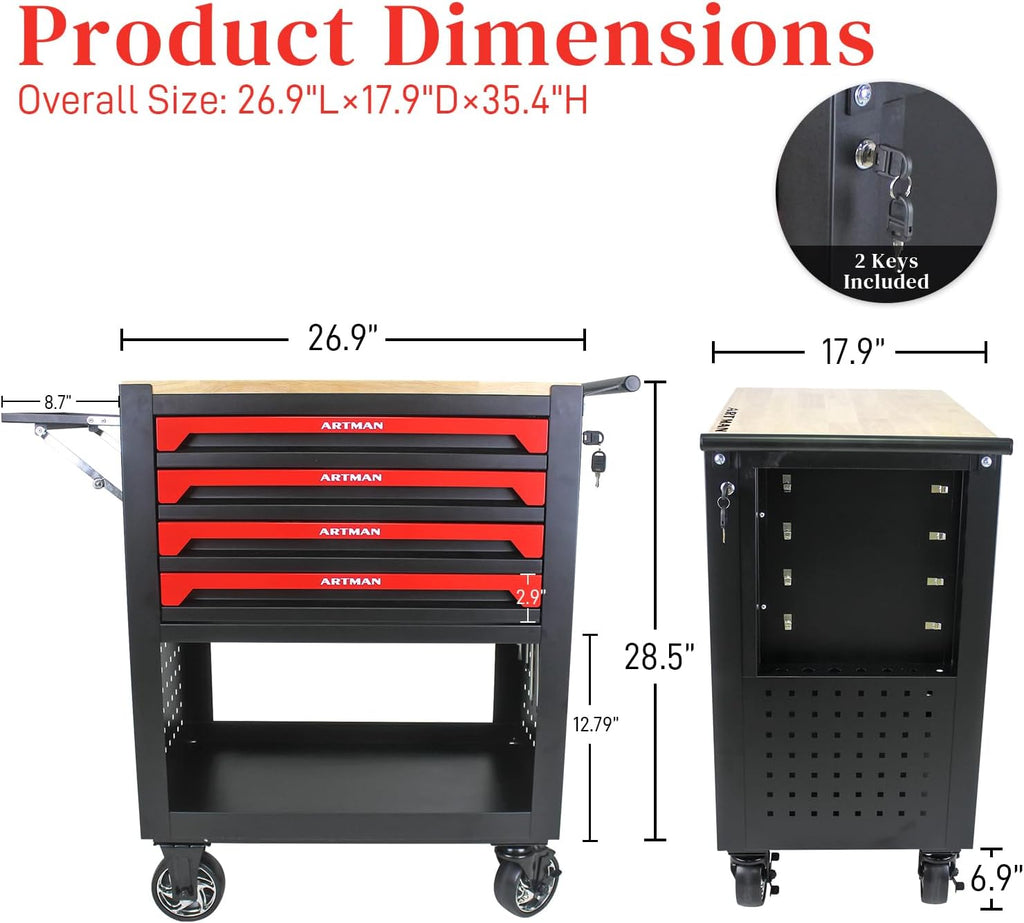 Rolling Tool Cart with 4-Drawer Wood Top Utility Tool Chest on Wheels Mechanic Tool Storage Organizer Cabinet for Garage, Warehouse, Workshop, Repair Shop (Red)