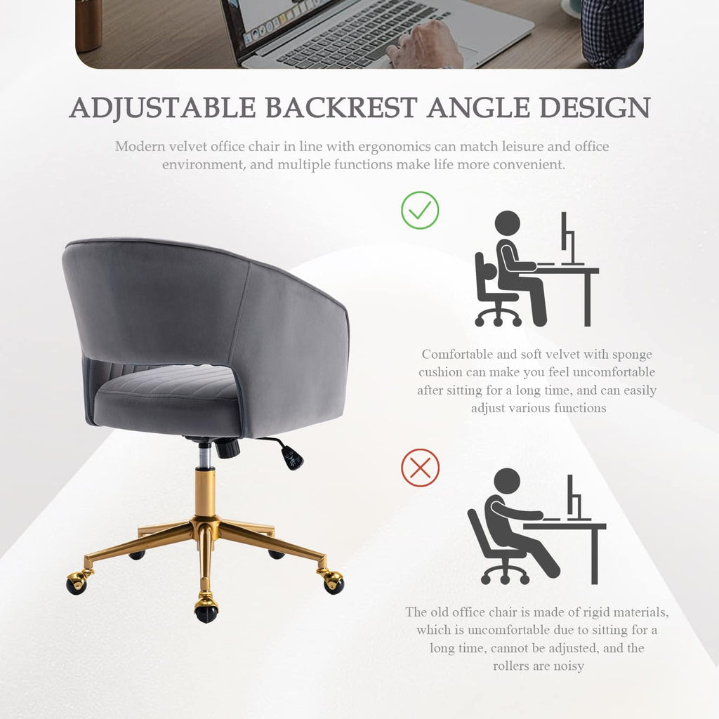 Eifizek Velvet Office Desk Chair, Modern Adjustable Home Desk Chair with Wheels, Swivel Vanity Chair for Bedroom, Office, Vanity Study (Grey)