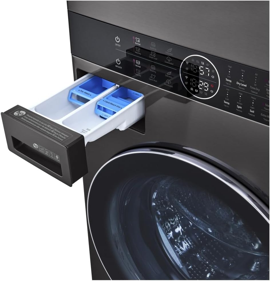 LG WashTower Stacked Smart Laundry Center 4.5 Cu.Ft. Front Load Washer Fully Automatic & 7.4 Cu.Ft. Gas Dryer in Black Steel w/Steam WKGX201HBA