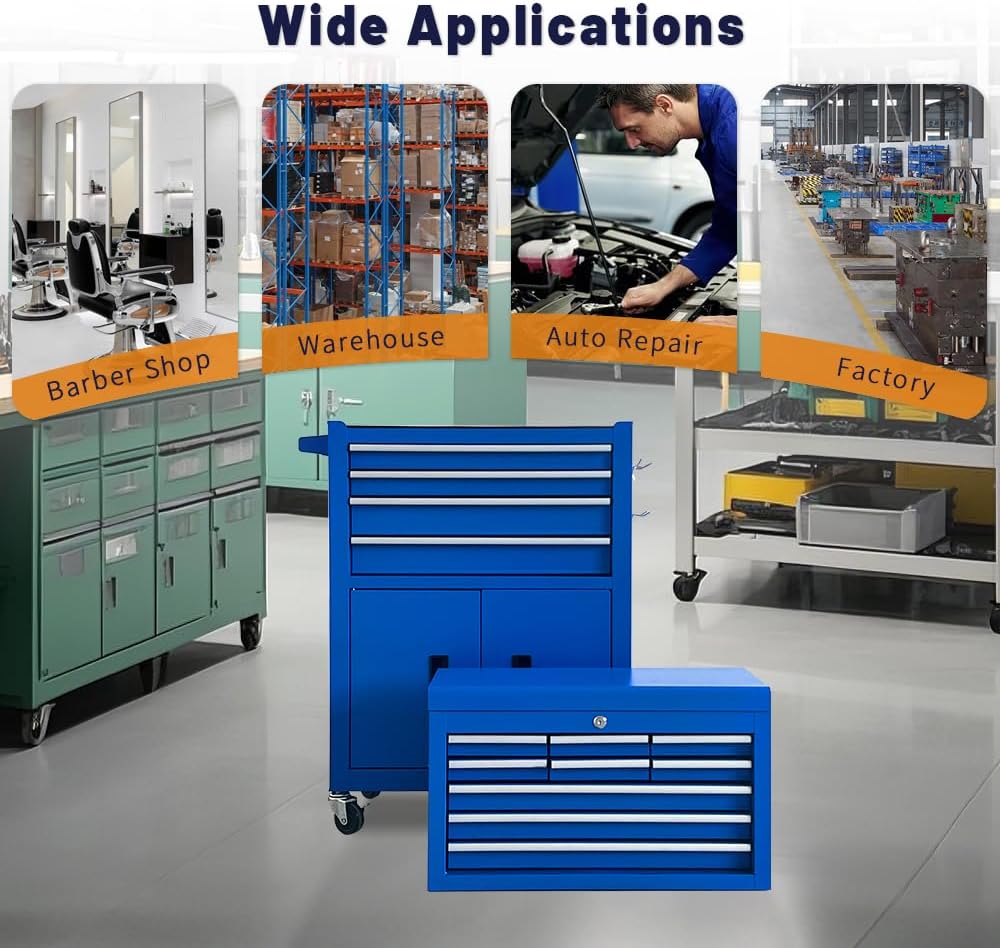 13-Drawer Rolling Tool Chest with Double Doors, 2 in 1 Detachable Rolling Tool Chest Combo, Mobile Tool Cabinet with Drawers, Metal Large Lockable Tool Box for Garage Workshop (Blue)