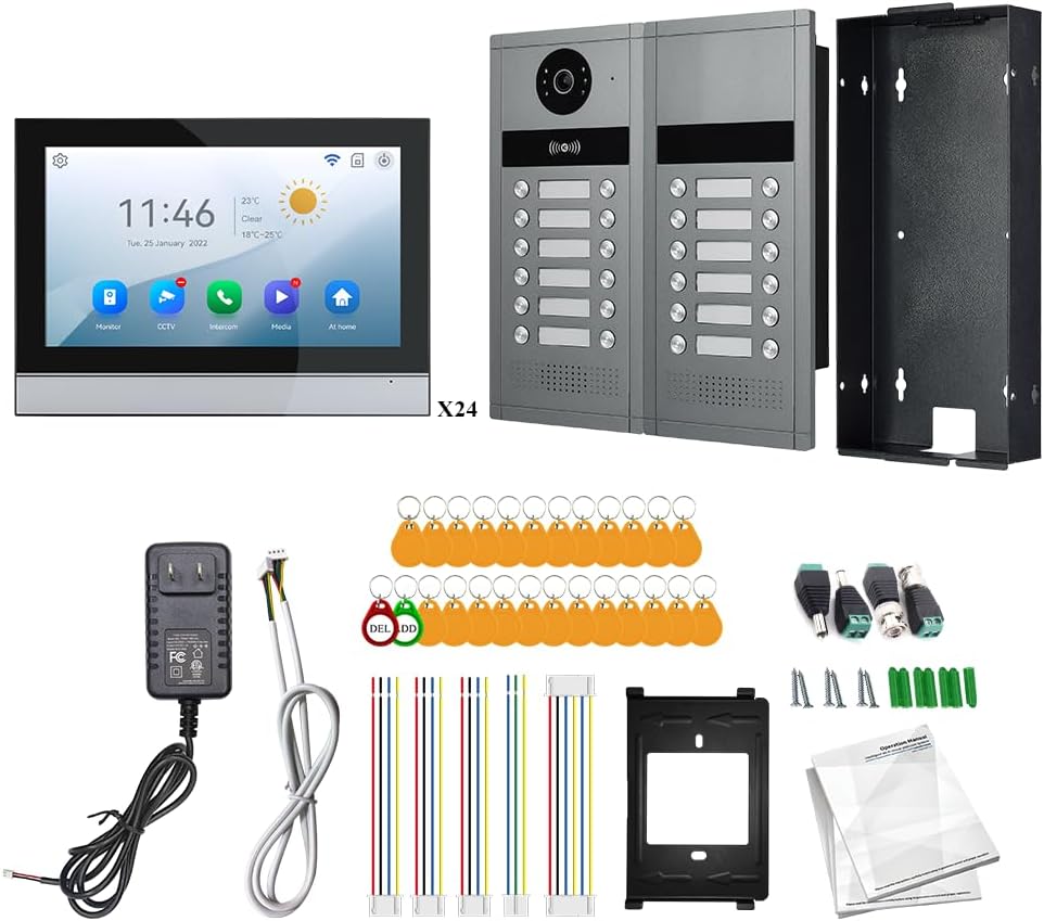 Wired Video Apartment Intercom System,6/12/18/24 Units 7 Inch Monitor 1080P Doorbell Intelligent Doorphone Kit with Motion Detection,Anti-Tamper Alarm,3 in 1 Unlock for Flat House,Tuya (24 Monitor)