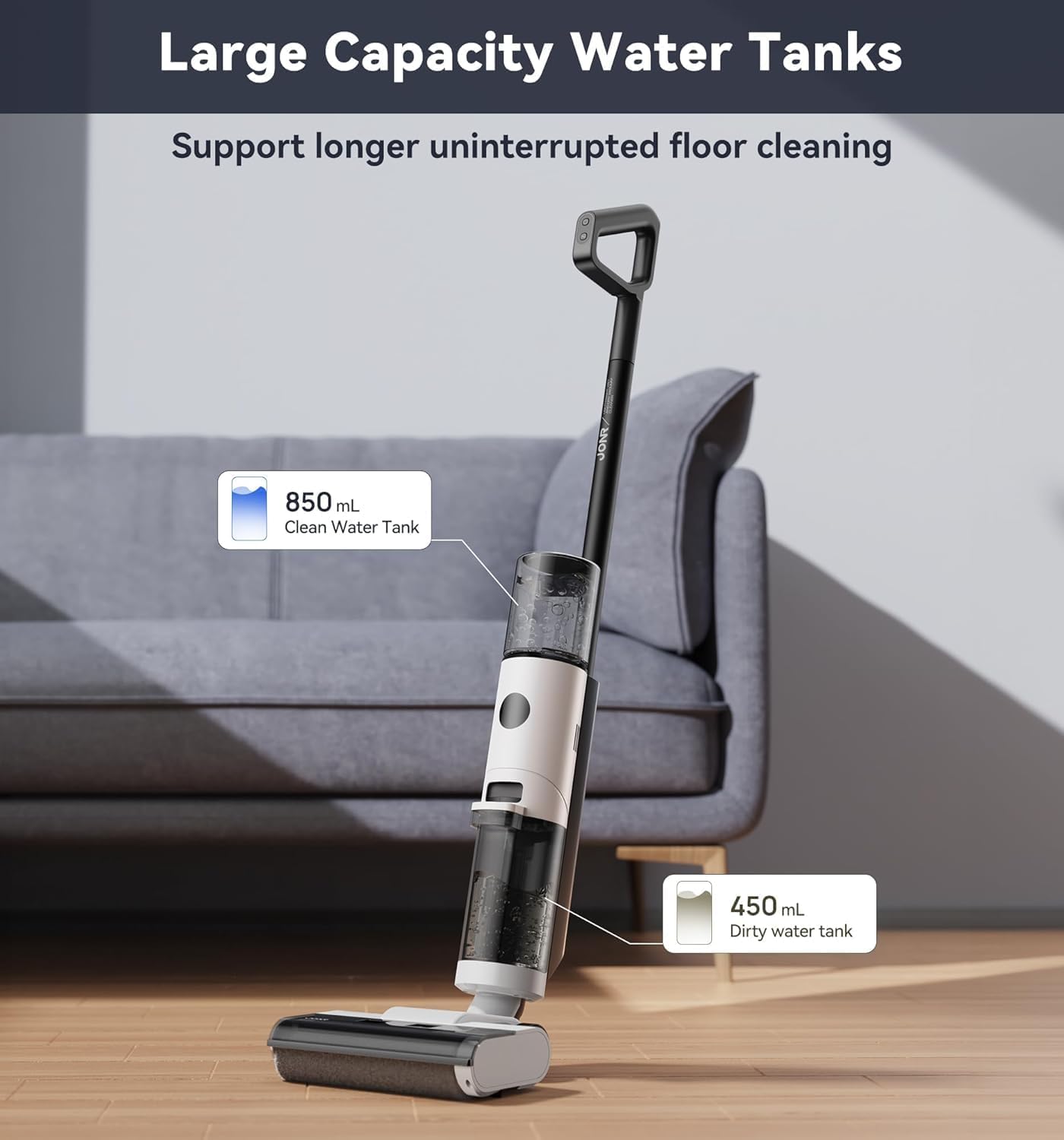 JONR ED12 Cordless Wet Dry Vacuum Cleaner and Mop, 3-in-1 Self-Cleaning Floor Washer for Hard Floors, 0.1-Inch Edge Cleaning, Lightweight for Spills, Pet Hair & Dust (L)
