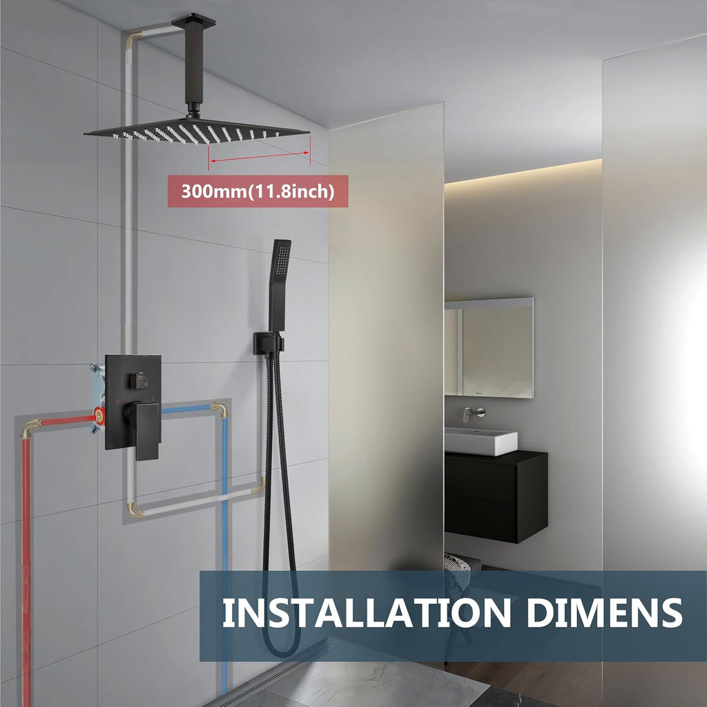 Aolemi Ceiling Mount Shower System Rain Shower Head with Handheld Spray High Pressure Shower Faucet Set Rough-in Valve Shower Trim Kit Included Bathroom Oil Rubbed Bronze 12 Inch Ceiling Shower Head