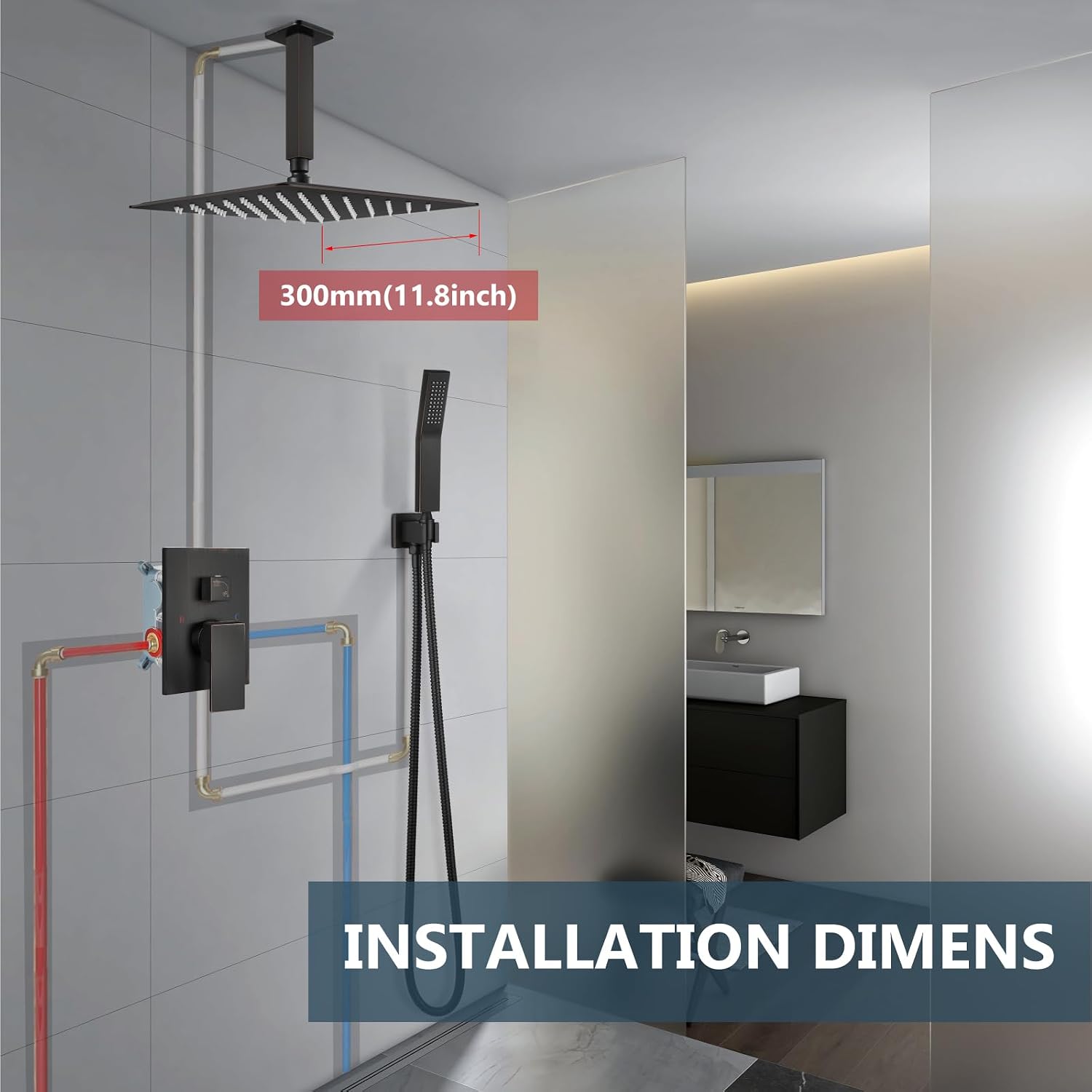 Aolemi Ceiling Mount Shower System Rain Shower Head with Handheld Spray High Pressure Shower Faucet Set Rough-in Valve Shower Trim Kit Included Bathroom Oil Rubbed Bronze 12 Inch Ceiling Shower Head
