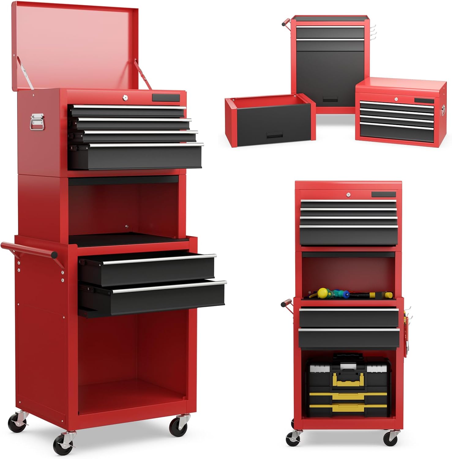 S AFSTAR 6-Drawer Rolling Tool Chest, High Capacity Tool Storage Cabinet with 4 Hooks, Locking System and Universal Wheels, 3-in-1 Detachable Toolbox for Garage, Workshop, Black and Red