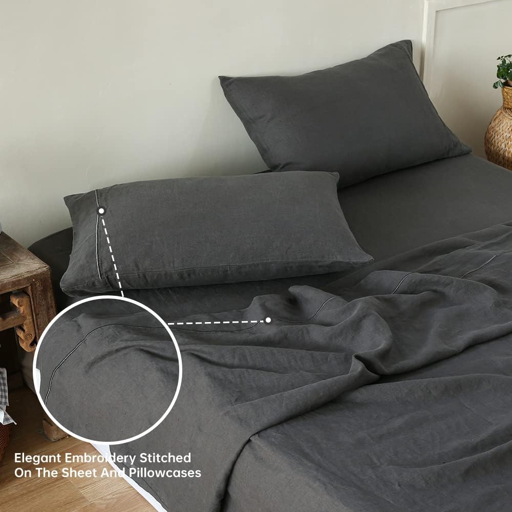 Simple&Opulence 100% Linen Sheet Set with Embroidery Washed - 4 Pieces (1 Flat Sheet & 1 Fitted Sheet & 2 Pillowcases) Natural Flax Soft Bedding Breathable Farmhouse - Dark Grey, Queen Size