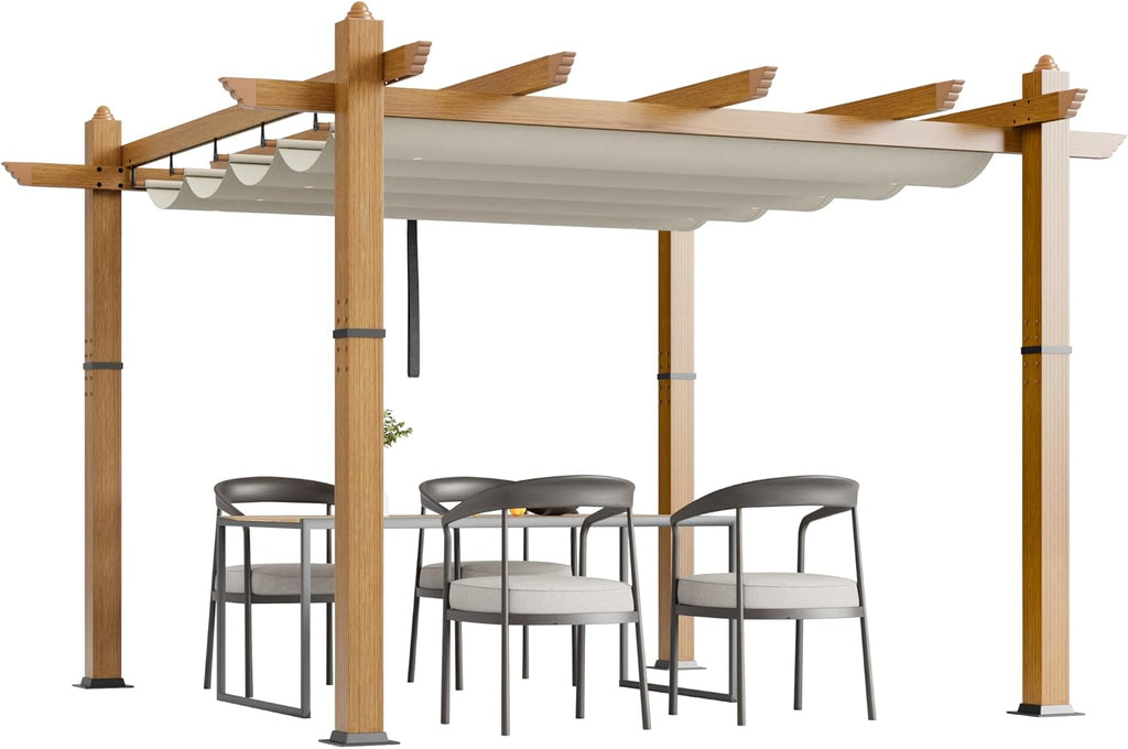 Garvee 10x10 ft Outdoor Pergola with Retractable Canopy – Upgraded Aluminum Faux Wood Grain Metal Patio Pergola for Modern Backyard Deck, Porch, Grape Trellis in Beige